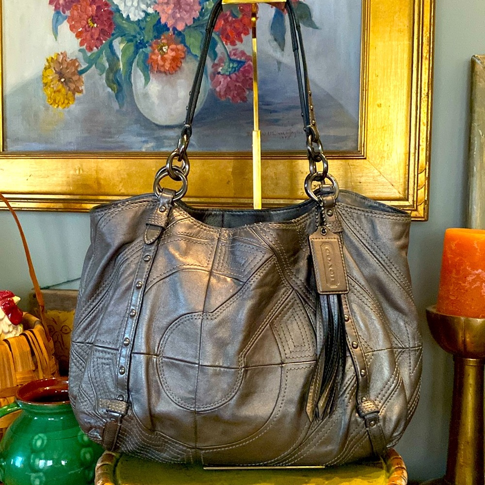 Coach Alexandria Gunmetal Grey Tote Shoulder Bag With Studded Accents